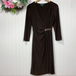 Lauren Ralph Lauren green label brown wrap dress belted v neck stretchy size 6